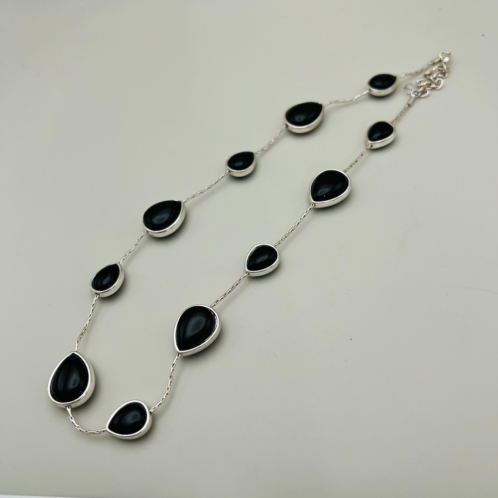 Black Stone Station Necklace Silver Tone Teardrop Bezel Set Statement Elegant